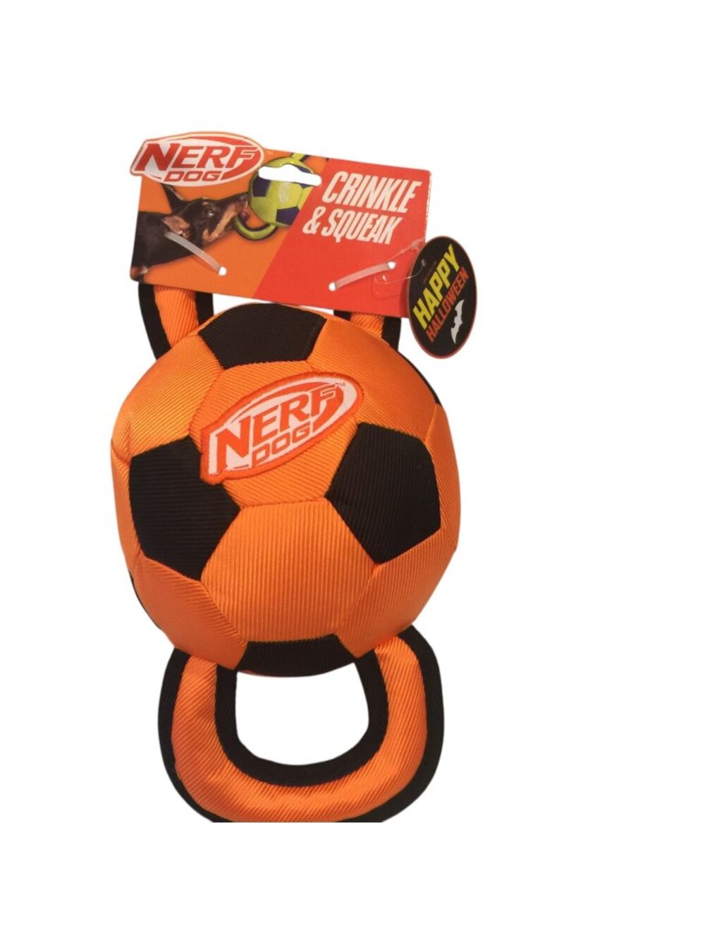 Nerf Dog Crinkle & Squeak 12" Happy Halloween Tug Ball Orange Black